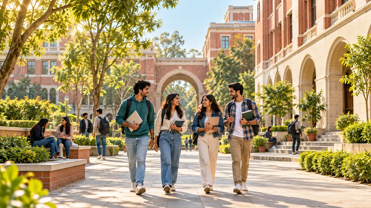 Students walking together through a sunlit university courtyard