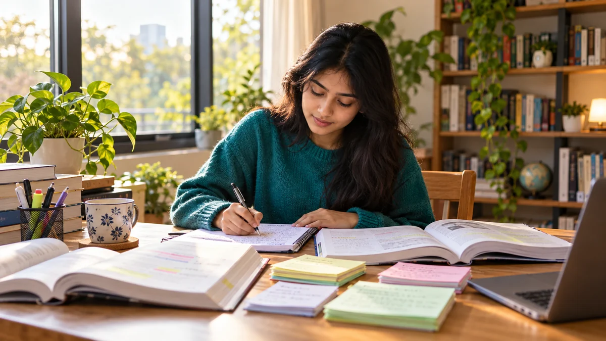 University student studying with textbooks, a notebook and flashcards
