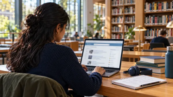 Student using a laptop and notebook in a university library