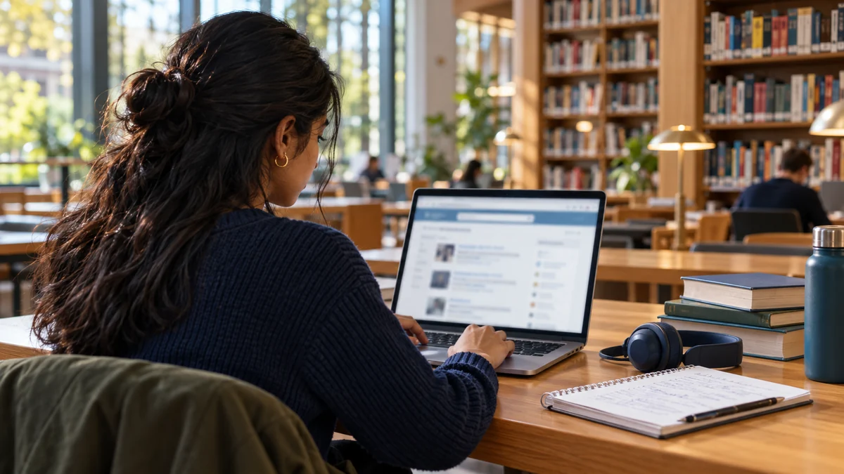 Student using a laptop and notebook in a university library