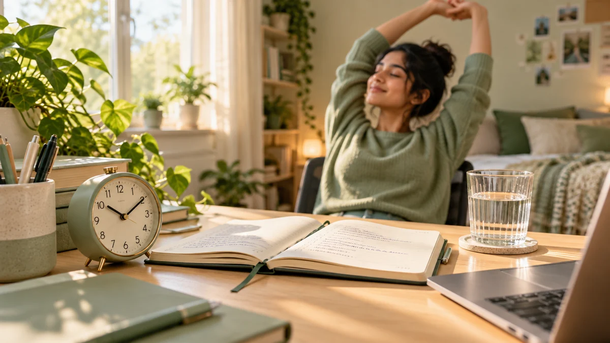Study planner and desk clock with a student taking a stretch break