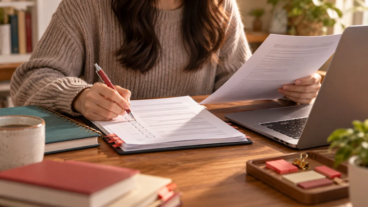 Student carefully checking application documents with a pencil