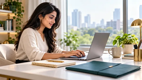 Young graduate preparing a CV on a laptop at a bright desk