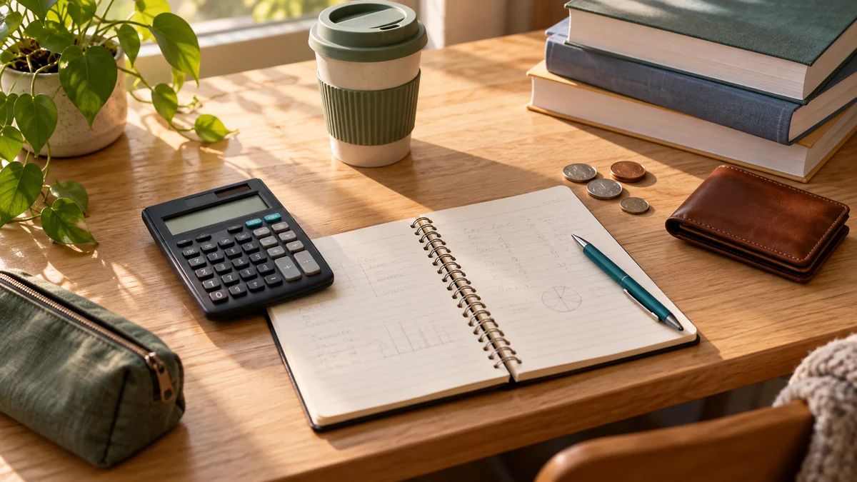 Calculator, notebook, wallet and study materials on a student budgeting desk