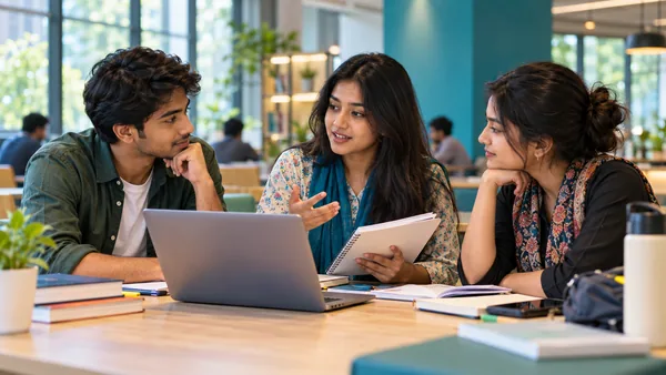 Three students discussing a project together around a laptop