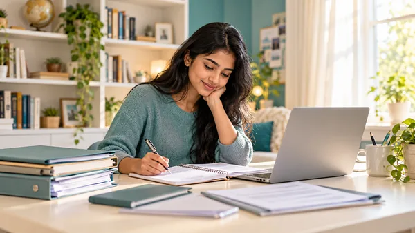 Student reviewing notes and documents beside a laptop for university admission