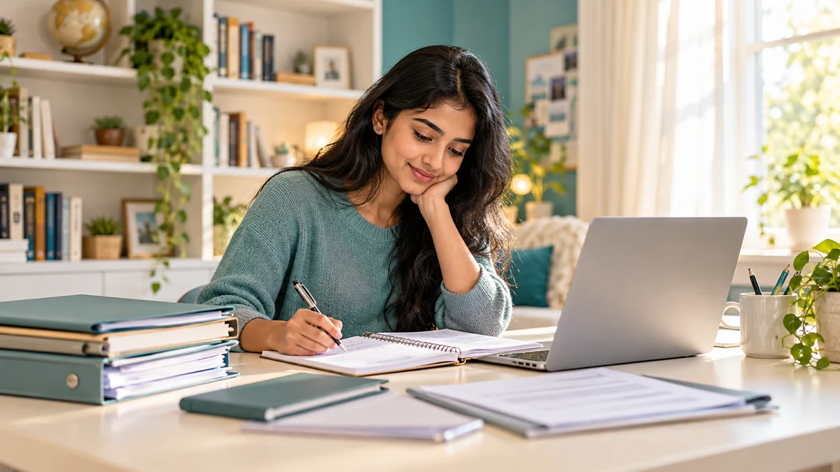Student reviewing notes and documents beside a laptop for university admission